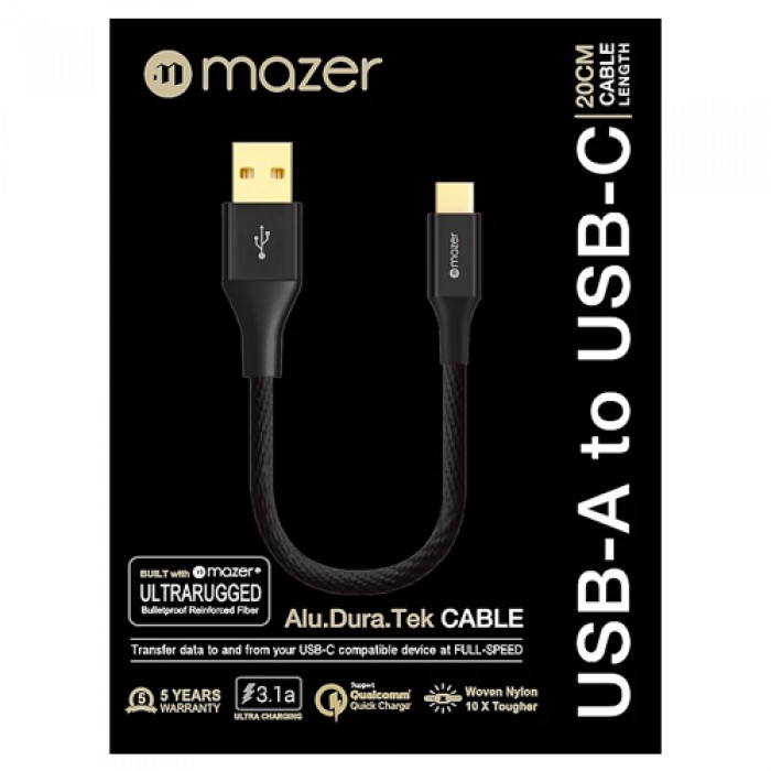 MAZER ALU.DURA.TEK USB-A TO USB-C CABLE 3.1A (0.2M)